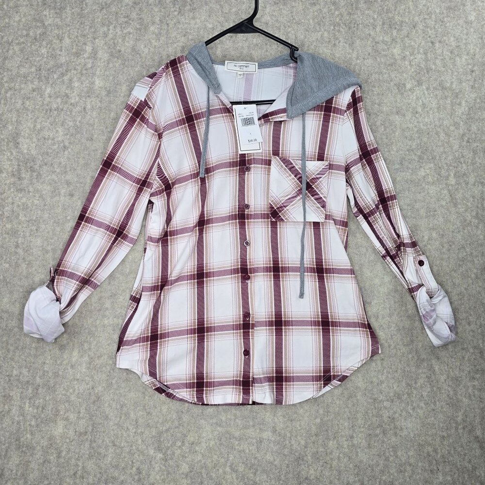 No Comment Womens Plaid Long-Sleeve Hoodie Shirt White/Burgundy Size L Polyester